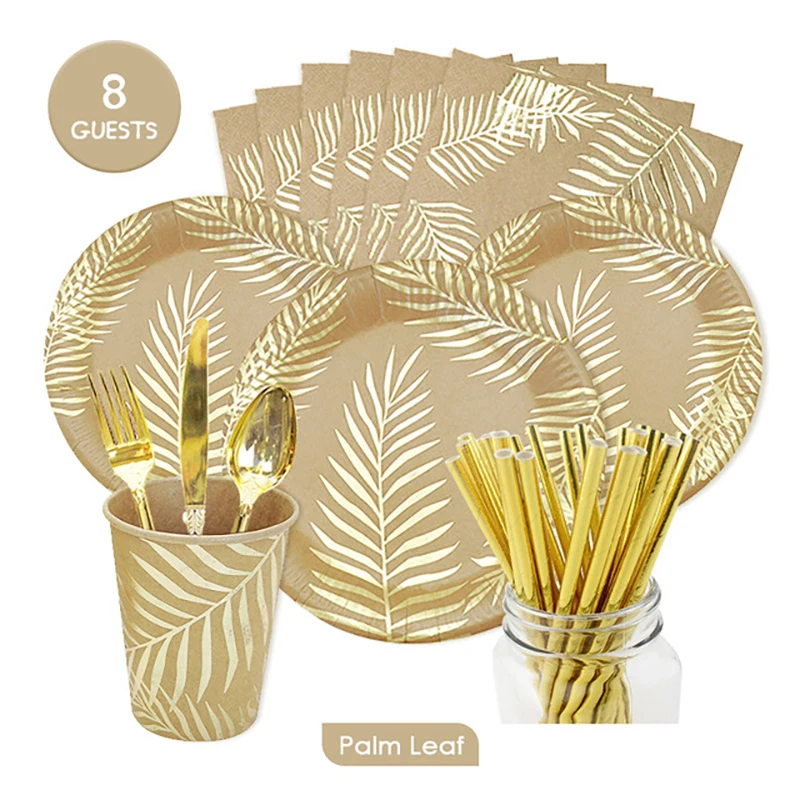 

Palm Leaf Disposable Tableware Sets Eco-friendly Bronzing Kraft Paper Plates Cups Napkins Birthday Party Wedding Decoration