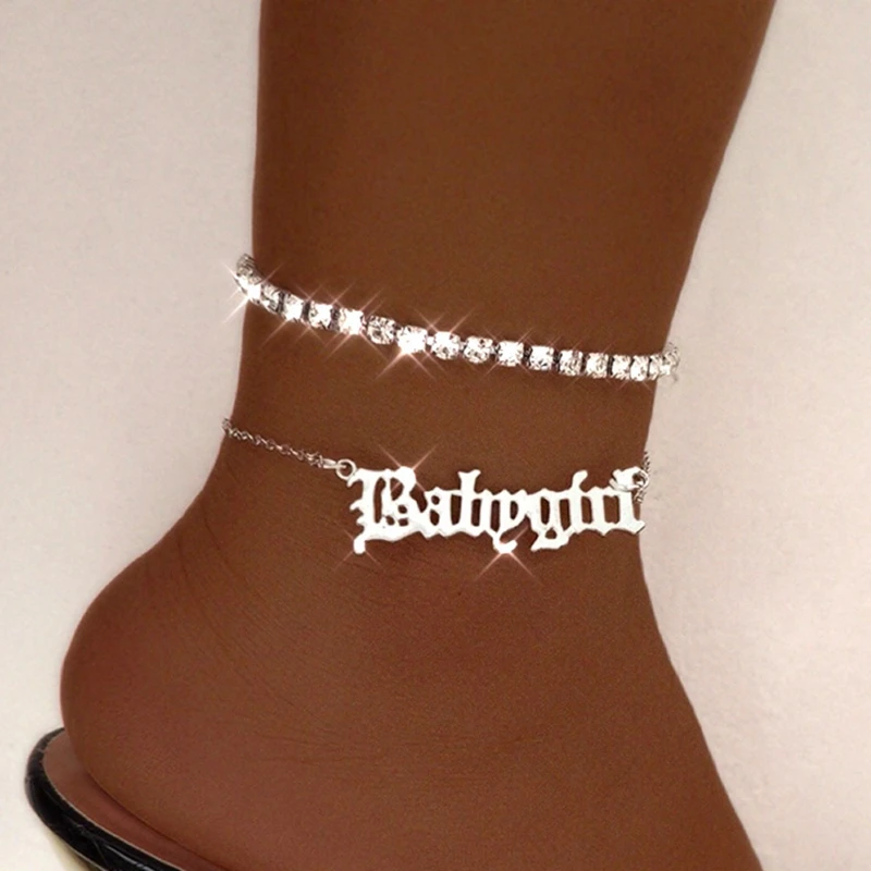 

JUST FEEL 2Pcs/set Punk Babygirl Letter Pendant Anklets for Women Shiny Rhinestone Ankle Bracelet Summer Barefoot Chain Jewelry