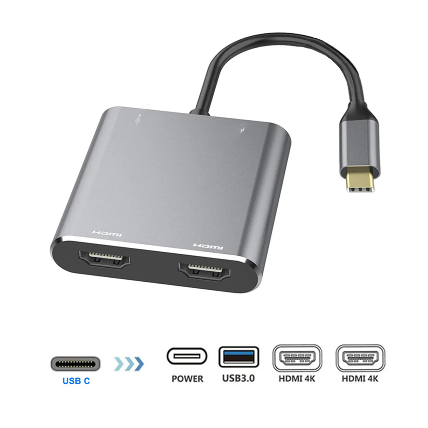 Адаптер USB C-Dual HDMI, 4 в 1, с 2 HDMI(4K @ 30Hz)/USB 3,0/PD зарядка, двойной HD экран, адаптер