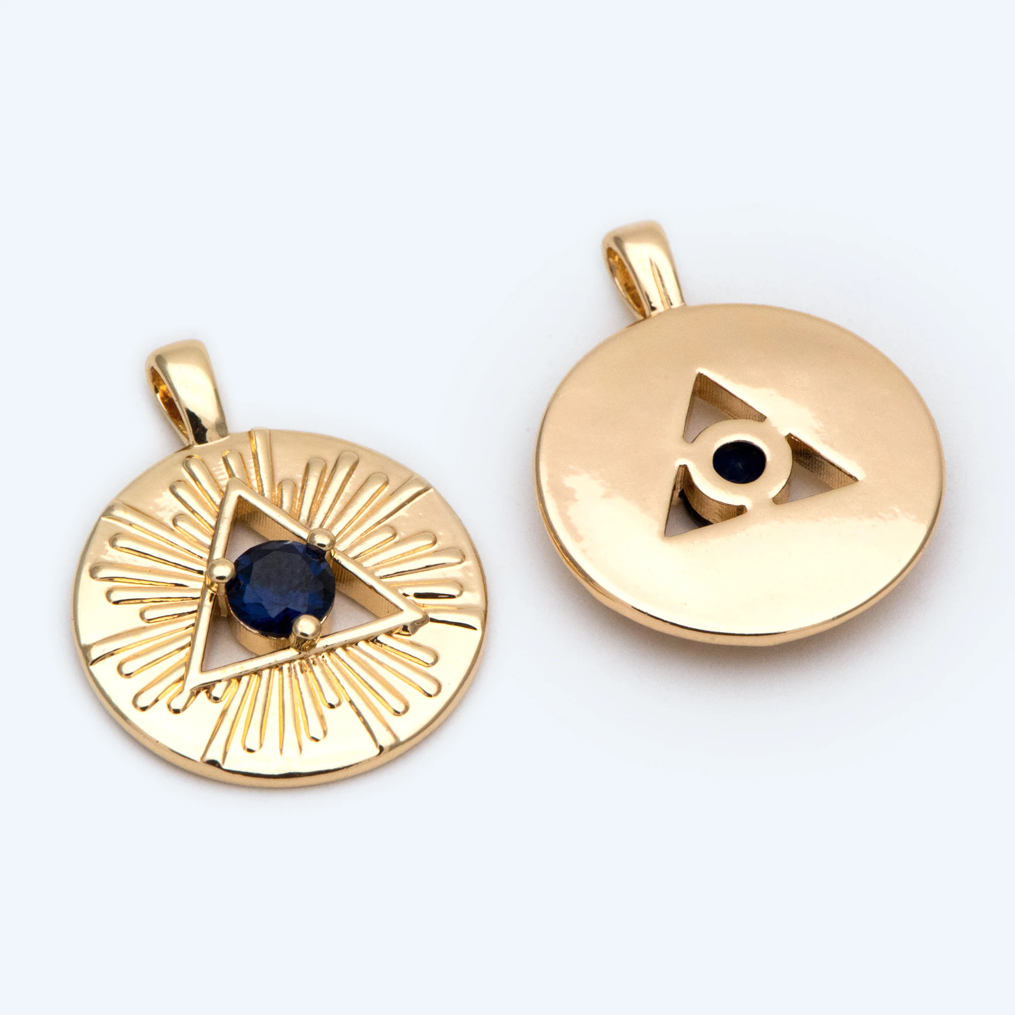 

10pcs Evil Eye Pendant, Blue CZ Paved Gold Disc Medallion Greek Eye Charm for Strength and Protection Jewelry Component (GB-2175