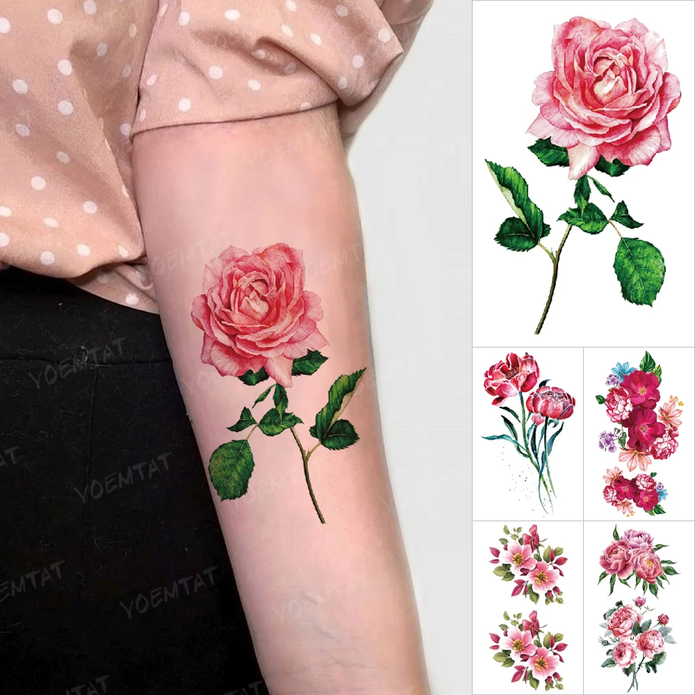 

Waterproof Temporary Tattoo Sticker Rose Bouquet Pink Branch Small Mini Rose Tatoo Arm Hand Men Women Glitter Tattoos Kids Art