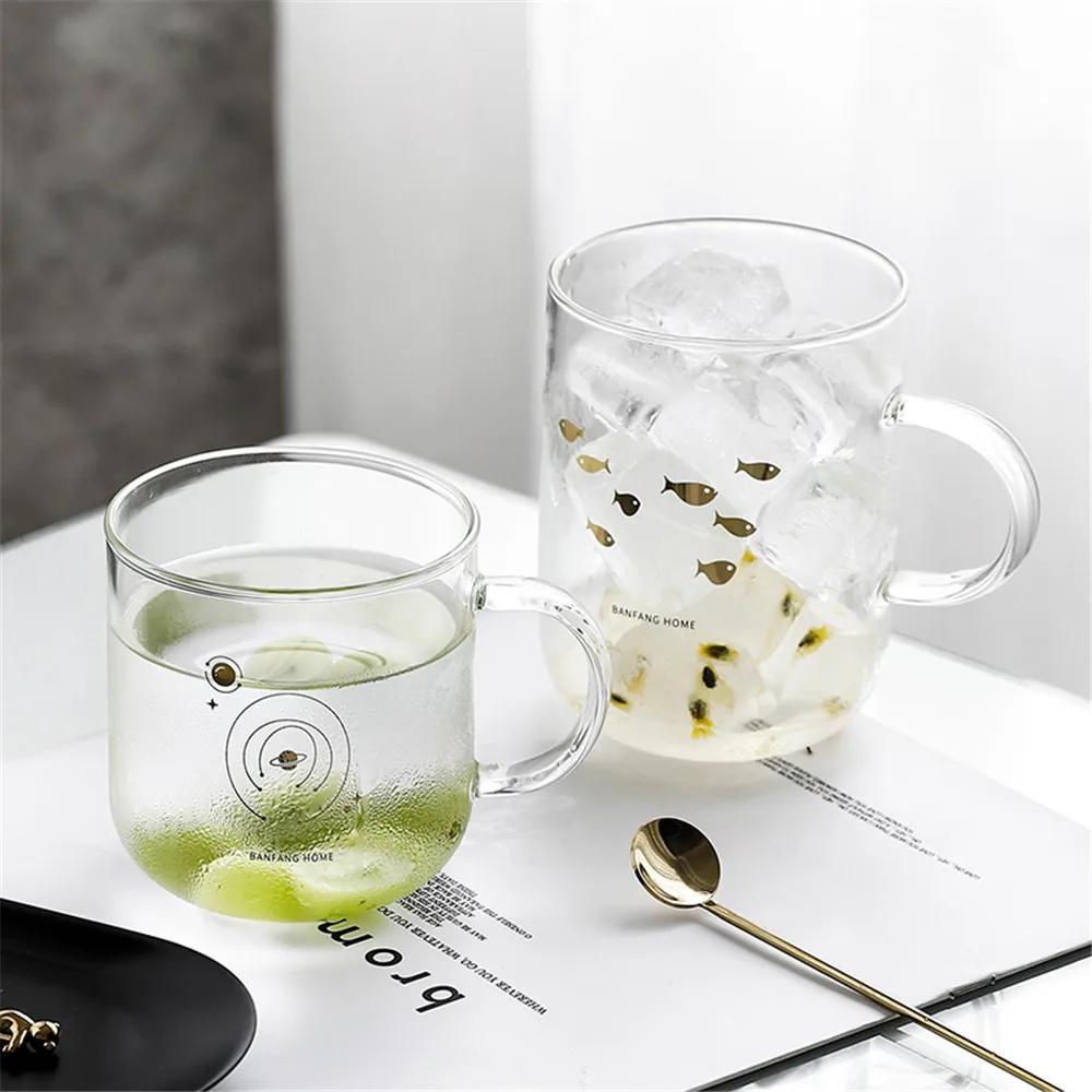 Chic Glass Mug Fish Planet Gold Printing Breakfast Milk Juice Coffee Cup Crystal Transparent Mugs Handle Drinkware Couple Gifts | Дом и сад