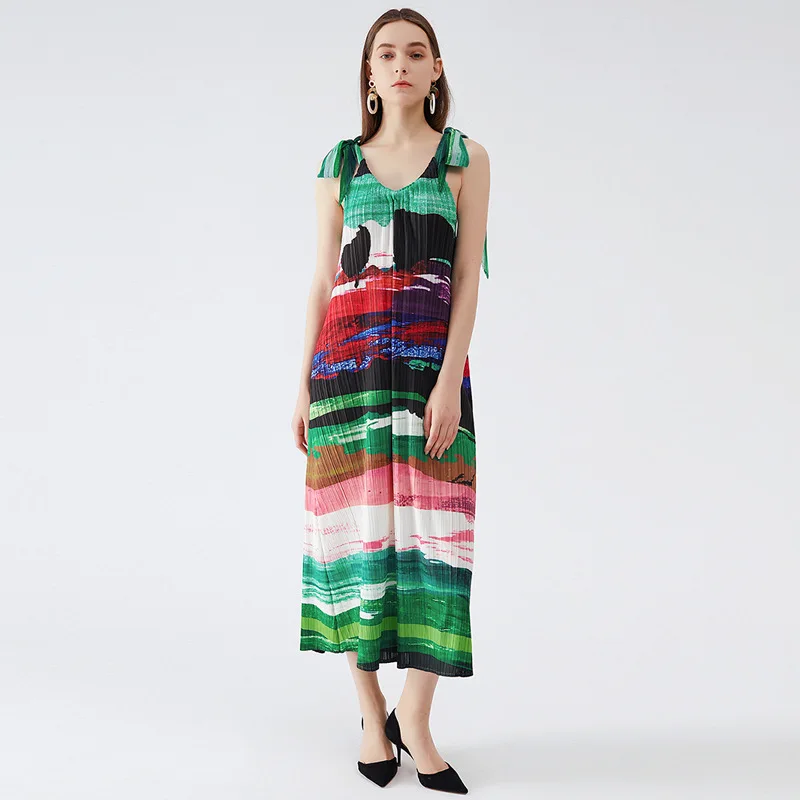 

Ink Printing Korean Loose Suspender Dress Summer Women's 2021 New Pleated Dress