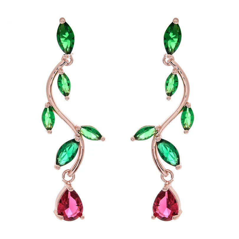 

2020 hot models fashion plating plant rose gold cubic zirconia earrings, ladies long earrings swing girl Korean party jewelry