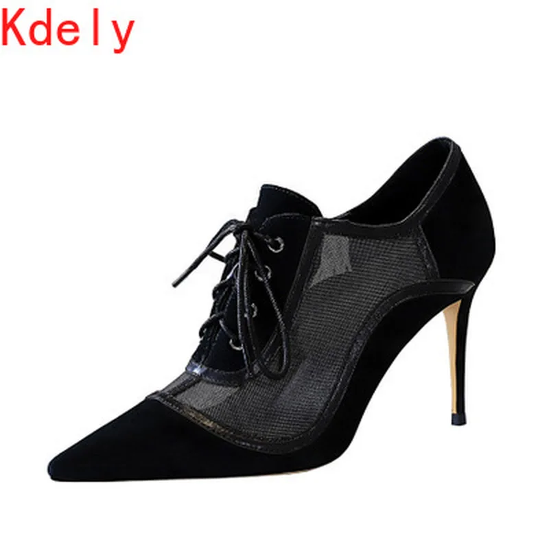 

Brand Vintage Women Pumps Fashion Flock Patchwork Lace stiletto High heels Femals Shoes Spring Autumn Lace up Office Lady Shoes