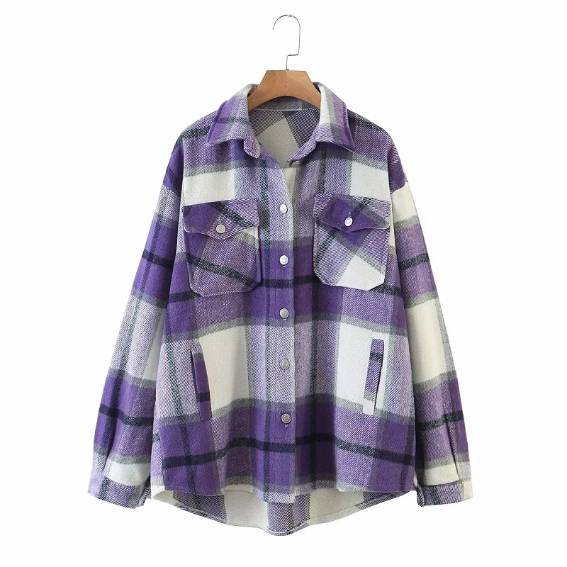 

Autumn Women Fashion Purple Pockets Plaid Shirt Jacket Vintage Turn-down Collar Coat Female Chic Outerwear