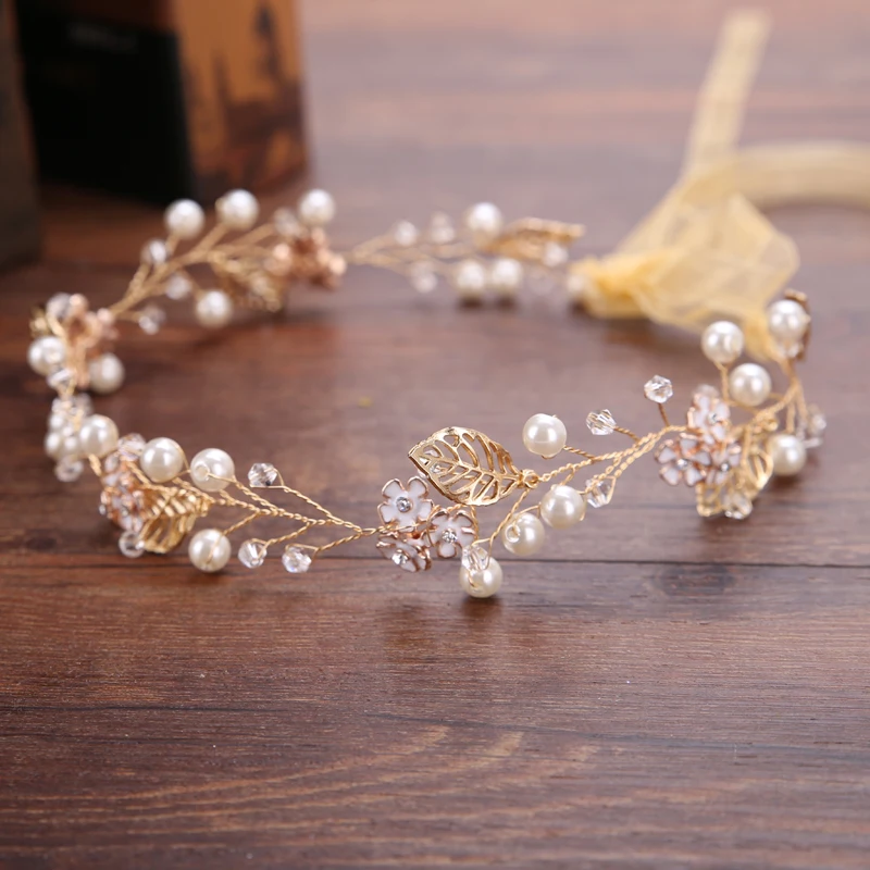 Trendy Gold Flower Pearl Hair Vine Bridal Headband Wedding Jewelry Headpiece Accessories Handmade | Украшения и аксессуары