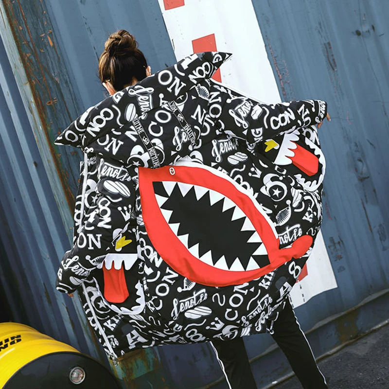 GALCAUR Print Cartoon Women's Down Jackets Hooded Long Sleeve Zipper Warm Thick Female Coats 2019 Winter Plus Size Fashion New | Женская