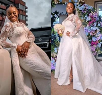 african nigeria mermaid wedding dresses detachable train high neck lace long sleeve custom madewedding gowns plus size vestidos