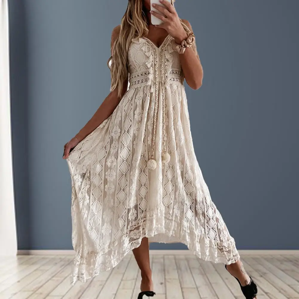 

60% Dropshipping!! Medi Skirt Hollow Lace Thin Shoulder Strap Big Hem Women's Dress 2022 New