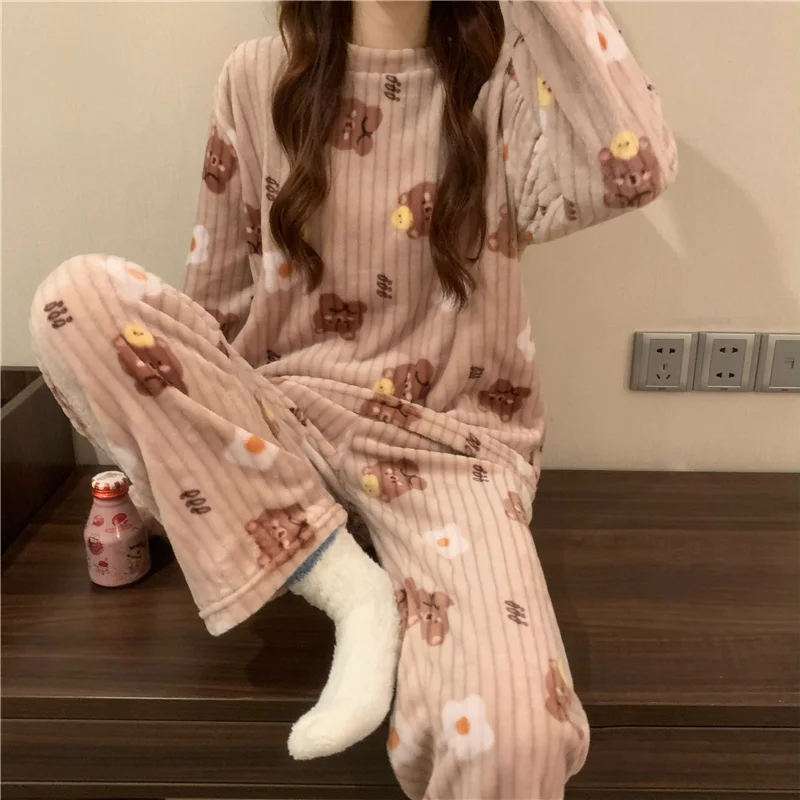 Little Bear Coral Velvet Pajama Set Female Autumn Winter 2021 Loose Comfortable Long Sleeved Home Clothes Two Piece Rac | Женская одежда