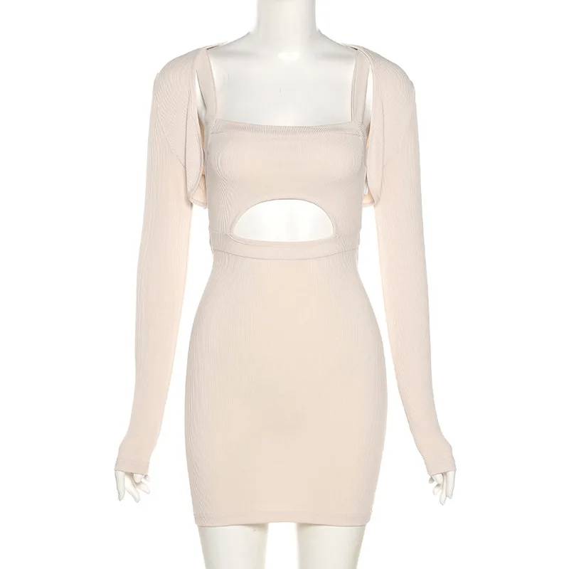 

ISAROSE Sexy Backless Dress Women Spring Summer Autumn Cardigan Bandage Front Hollow Stretch Slim Above Knee Dresses 2 Piece Set