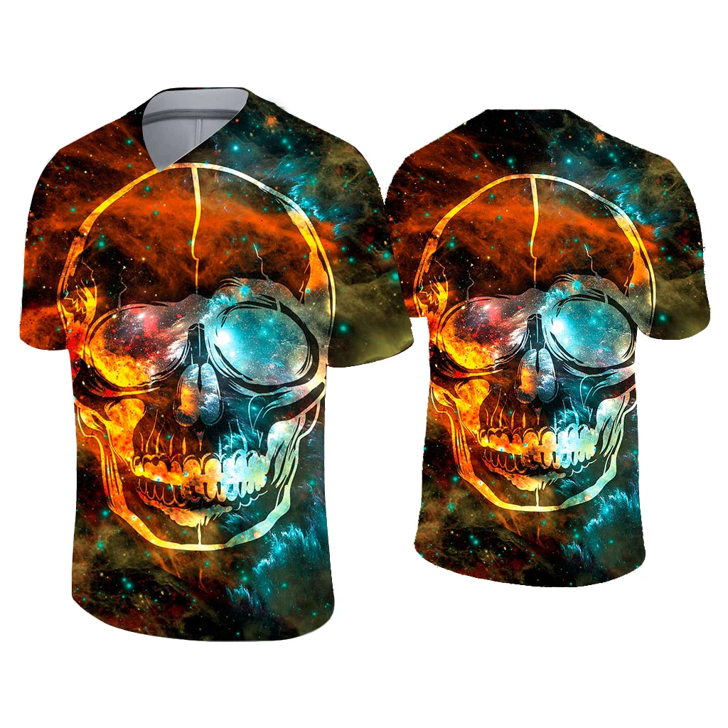 

2021 new summer men's casual fashion trend t-shirt skull 3D printing comfortable breathable V-neck short-sleeved men's T-shirt
