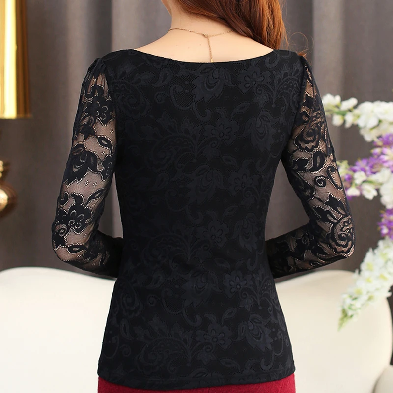 Женская кружевная блузка с V образным вырезом и длинным рукавом|black lace blouse|lace