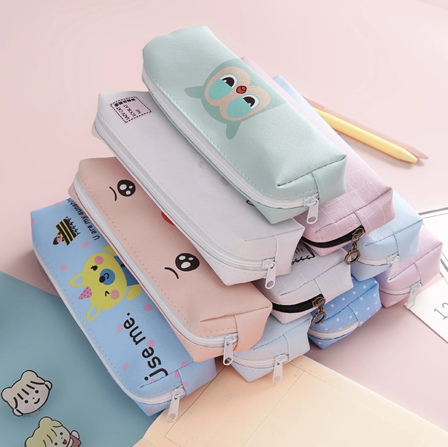 

Cute Kawaii PU Pencil Case Bag High Capacity Pen Pouch with 2pcs Free Gel Pen For Girls Gift School Supplies Kids Stationery