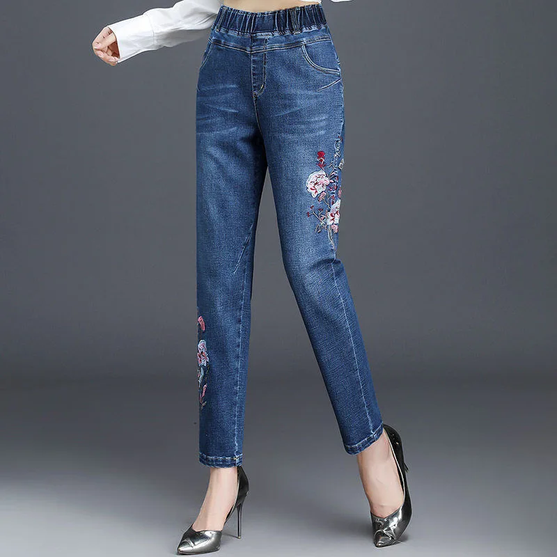 Mom's Embroidered Floral Straight Jeans Oversized 34 High Waist Harem Denim Pants Trendy Loose Vintage Cowboy Trousers Women New