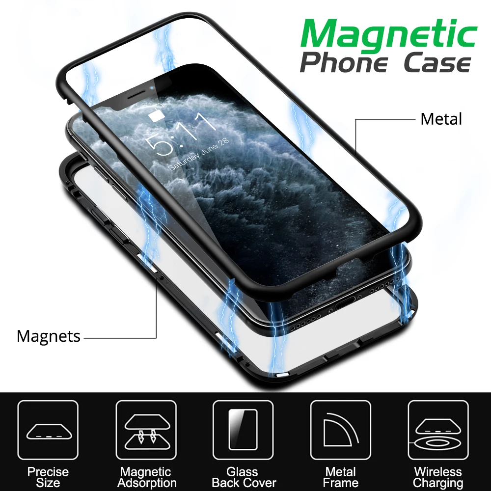 Металлический магнитный чехол ANMONE для iPhone 11 Pro Max XR Магнитный из закаленного
