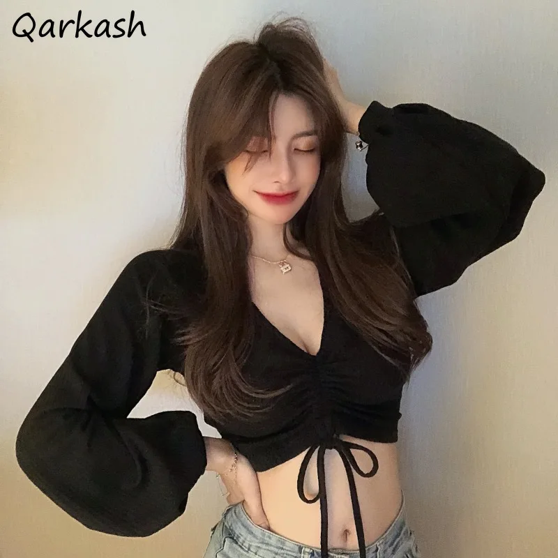 

Футболка женская с V-образным вырезом, пикантный укороченный топ с рукавами-фонариками для вечеринки, однотонная Модная приталенная одежда ...