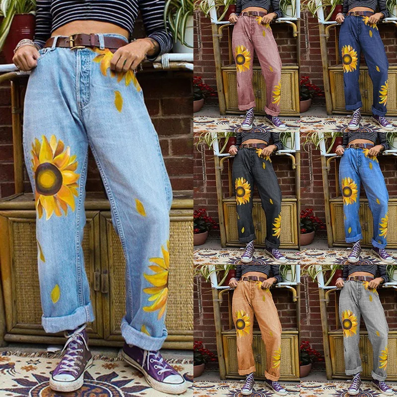 Sfit женские джинсы с цветочным принтом высокой талией широкие свободные Осенние
