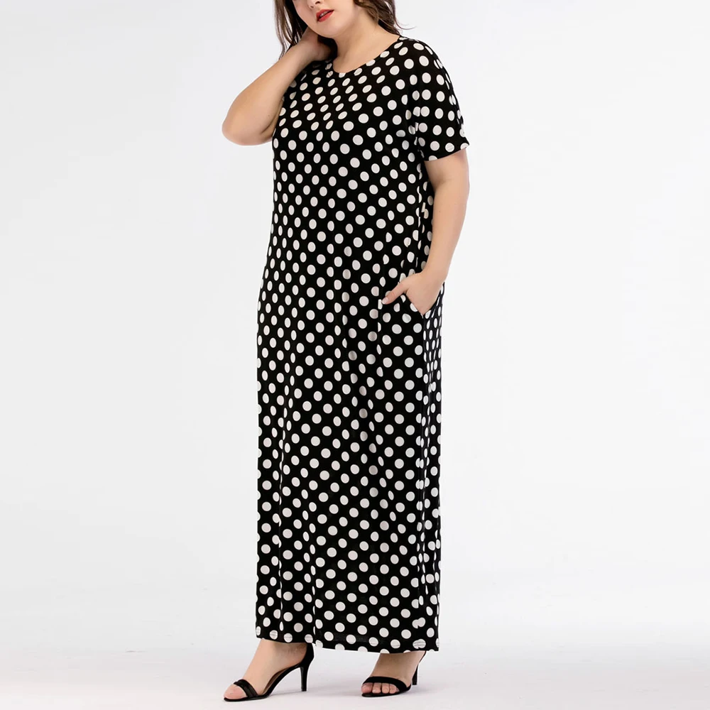 Женское длинное платье в горошек с круглым вырезом и коротким рукавом|women bodycon