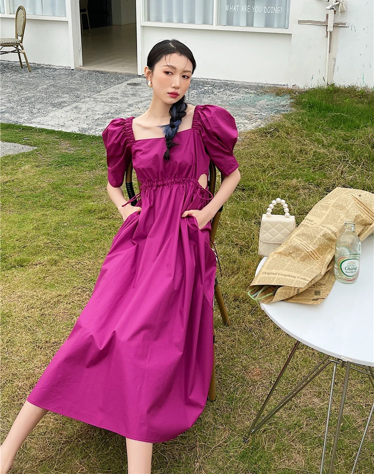 

Kimotimo Design Dress Women Summer 2021 Korean Fashion New Square Collar Puff Sleeve Drawstring Show Waist Long Dress Elegant