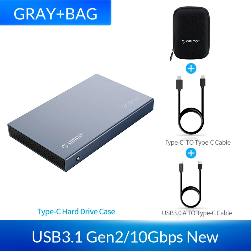 ORICO 2,5 дюймов корпус SSD USB3.1 Тип C внешний жесткий диск чехол для 9,5 мм высокоскоростной чехол с поддержкой UASP SATA II - Цвет: Gray Add Bag