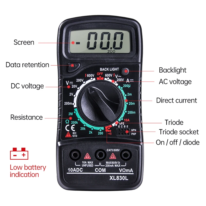 A-BF Digital Multimeter AC/DC Ammeter Data Hold LCD Backlight Voltage Current Resistance Meter Tester Multimeters Diode XL830L |
