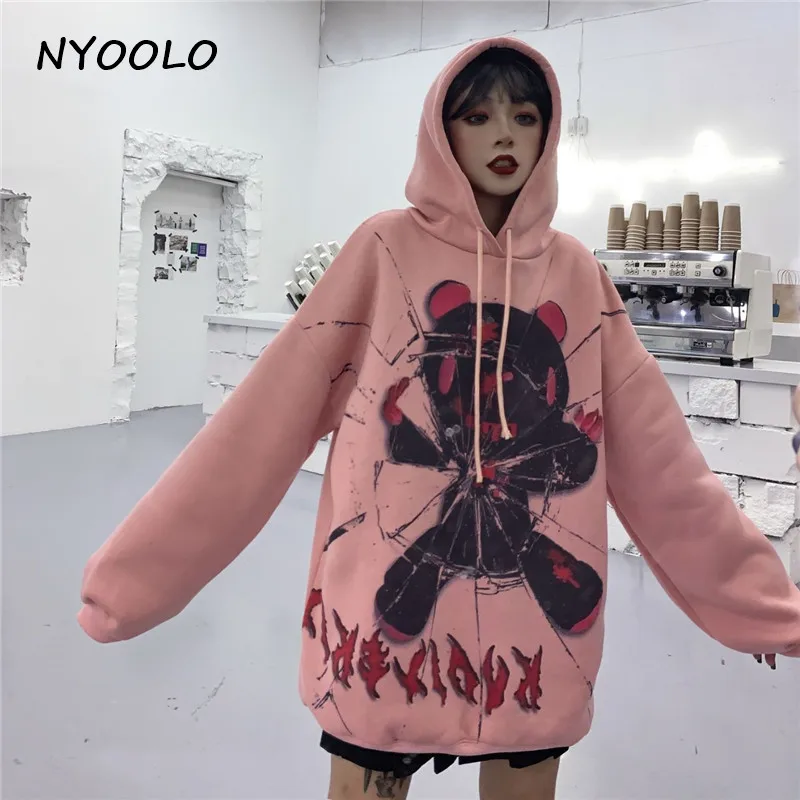 NYOOLO Харадзюку уличные медведи граффити печати Свободные плотные теплые толстовки осень зима плюс бархат с капюшоном пуловер Толстовка для женщин