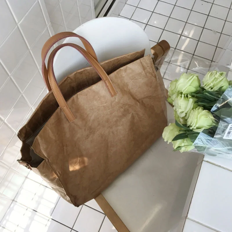 

NEW Wood Women Transparent Kraft Paper Vintage Shoulder Bags Letter Solid Casual Tote Handbags Big Capacity Travel Shopping Pack
