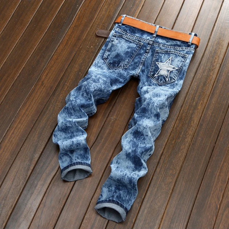 

Men's Straight European And American Foreign Trade Jeans Men's Hole Sticking Snowflake Casual Pants