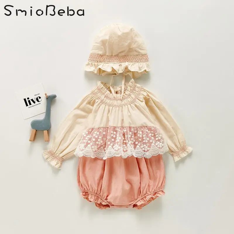 

Baby Bodysuit Autumn Long Sleeve Lace Rompers With Hats Hooded Cotton Khartoum For Baby Girl Pink Lace Floral Ropa Bebes Ebebek