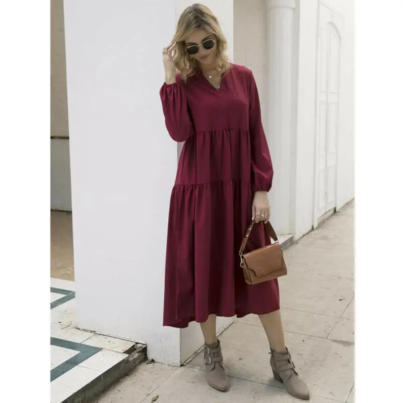 

Vintage Women Long Sleeve Dress Cotton Loose Maxi Dress Ladies Summer Kaftan