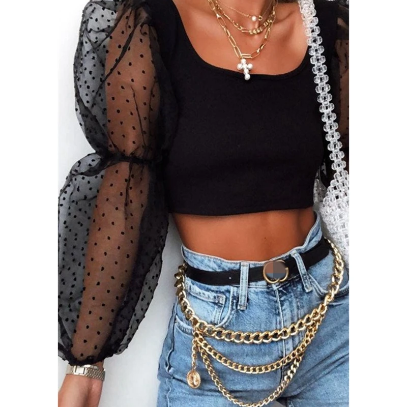 Сексуальная Женская кружевная прозрачная сетчатая блуза в горошек с пышными