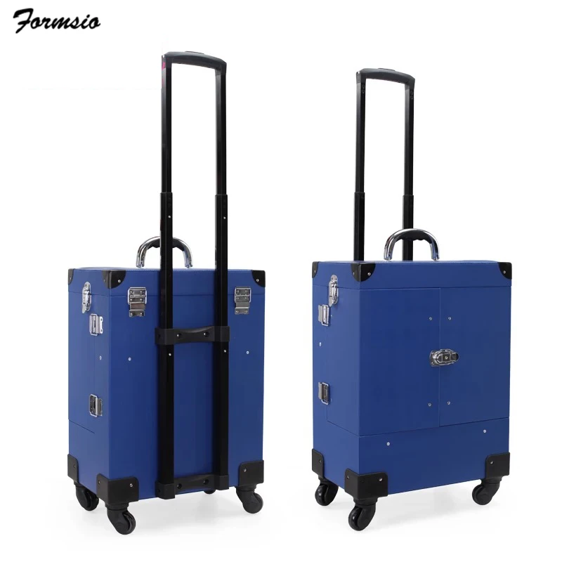 women necessaire makeup box professional Cosmetic luggage bag makeup trolley case large capacity - Цвет: blue