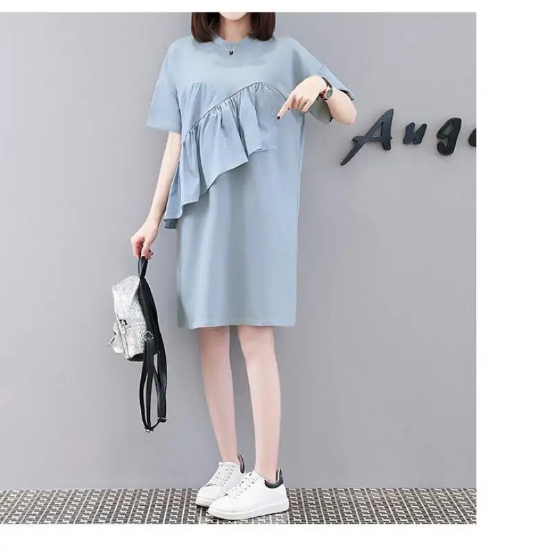 

2021 Summer New Japanese Korean Loose Slimming Plsu Size Simple Black Casual Ruffled Women T-shirt Short Dress Free Shipping