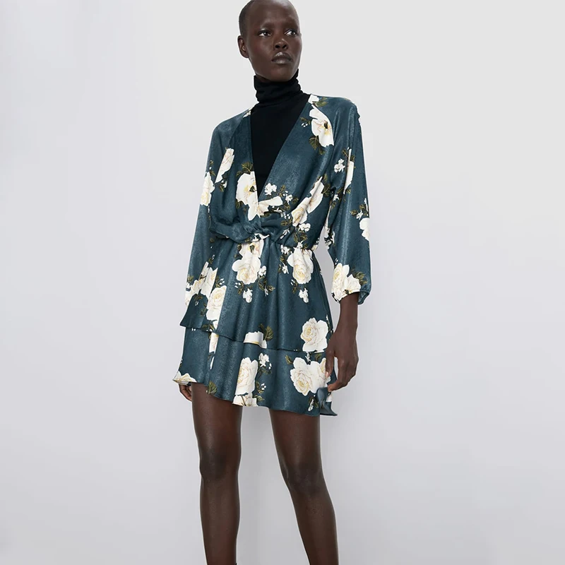 ZA 2019 новое платье с v образным вырезом и принтом для женщин тянущаяся Талия