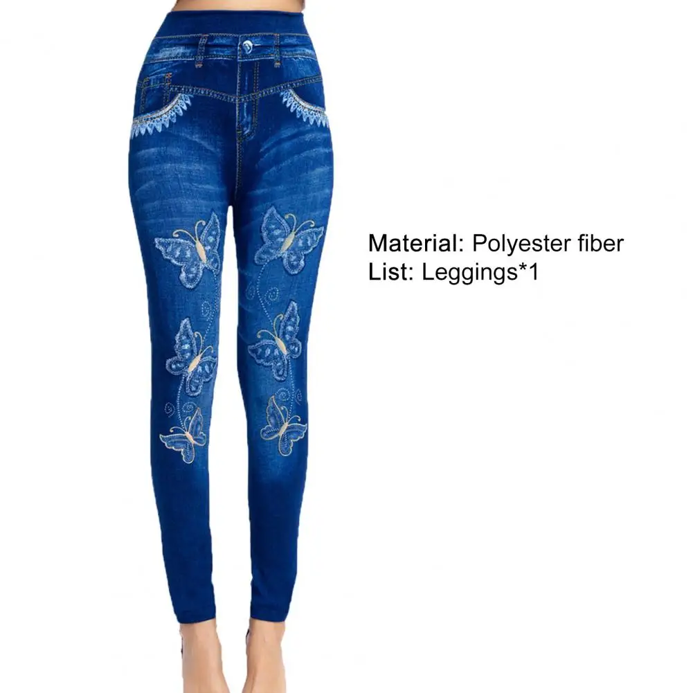 

Plus Size Female Jeans Leggings Fake Jeans Butterfly Print Stretchy Women High Waist Ankle Length Butt Lift Skinny Trousers