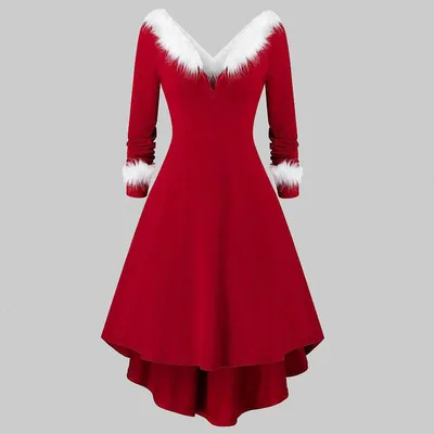 

and Autumn, Christmas long-sleeved winter plush high and low V hem dress