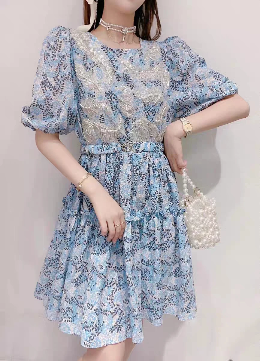 

2021 Summer New European Beads Sequin Gauze Leaves Floral Mini Dress Women Fashion A-line Puff Sleeve O-neck Above Knee Dress