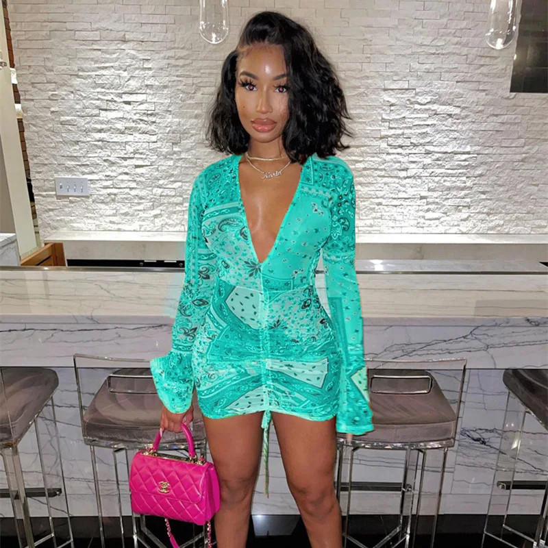 

Pink Bandana Mesh Bodyocn Dress Club Outfits for Women Flared Long Sleeve Deep V Neck Draw String Mini Dress