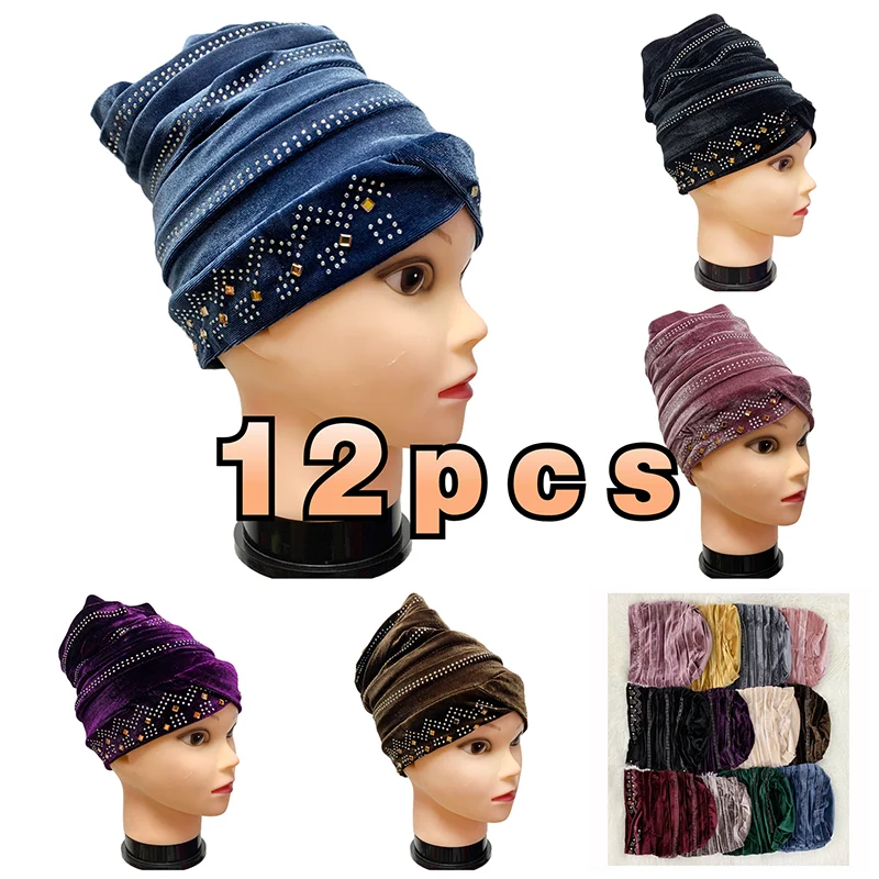 

Последняя мода мусульманская женская шапка-тюрбан шляпа Золотая Бархатная Горячая Стразы однотонная индийская Шапка-бини головные уборы головной убор для женщин