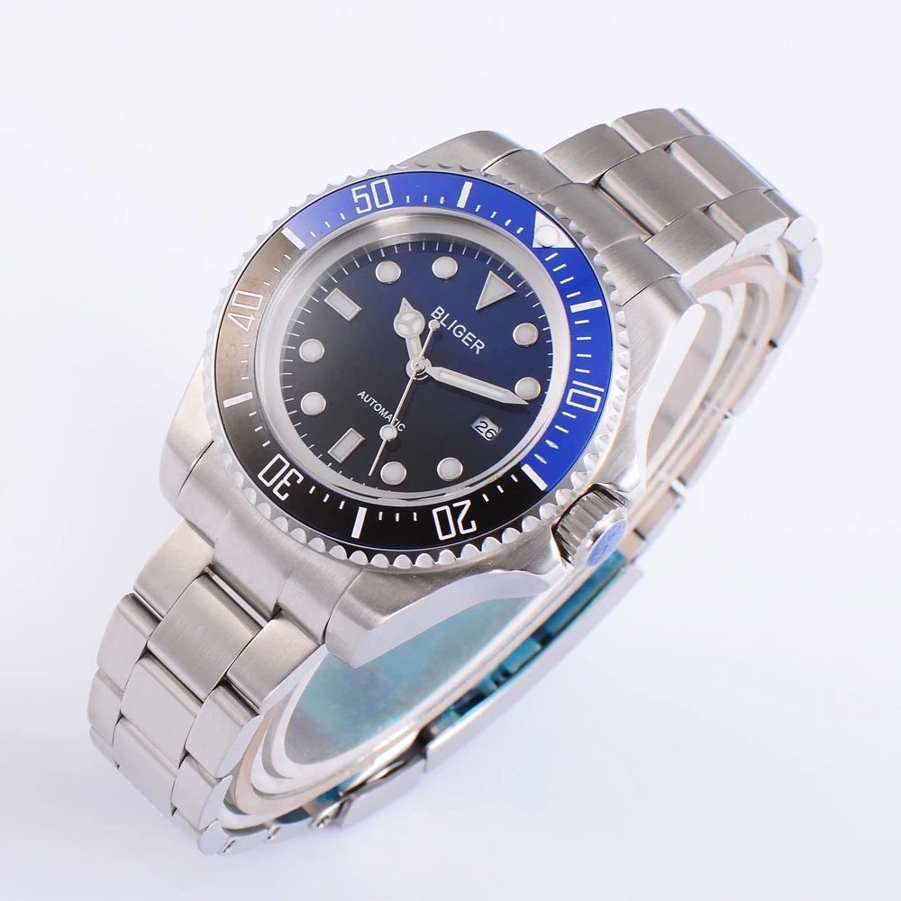 Мужские часы bliger44мм с градиентным циферблатом черного и синего цвета