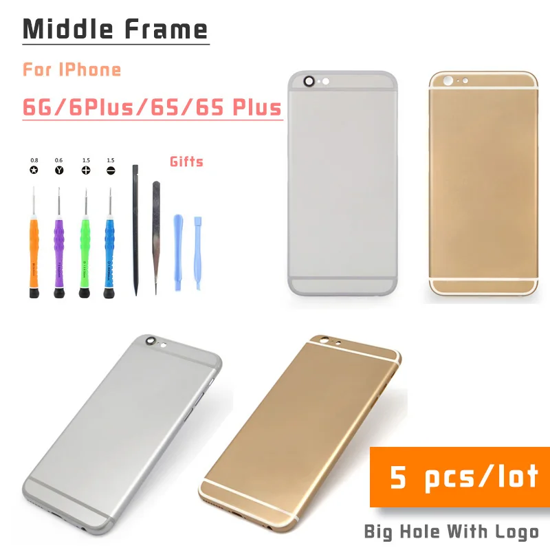 

5pcs/lot Back Cover For IPhone 6 6plus 6s 6splus Rear Housing Middle Frame with Back Battery Door , Black White Silver gold