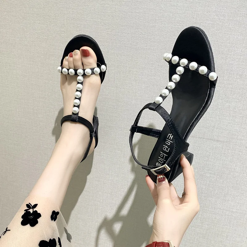 

Beige Heeled Sandals 2021 Summer Comfort Shoes for Women Med Black Block High Fashion Medium Clear Girls Pearl New PU Back Strap