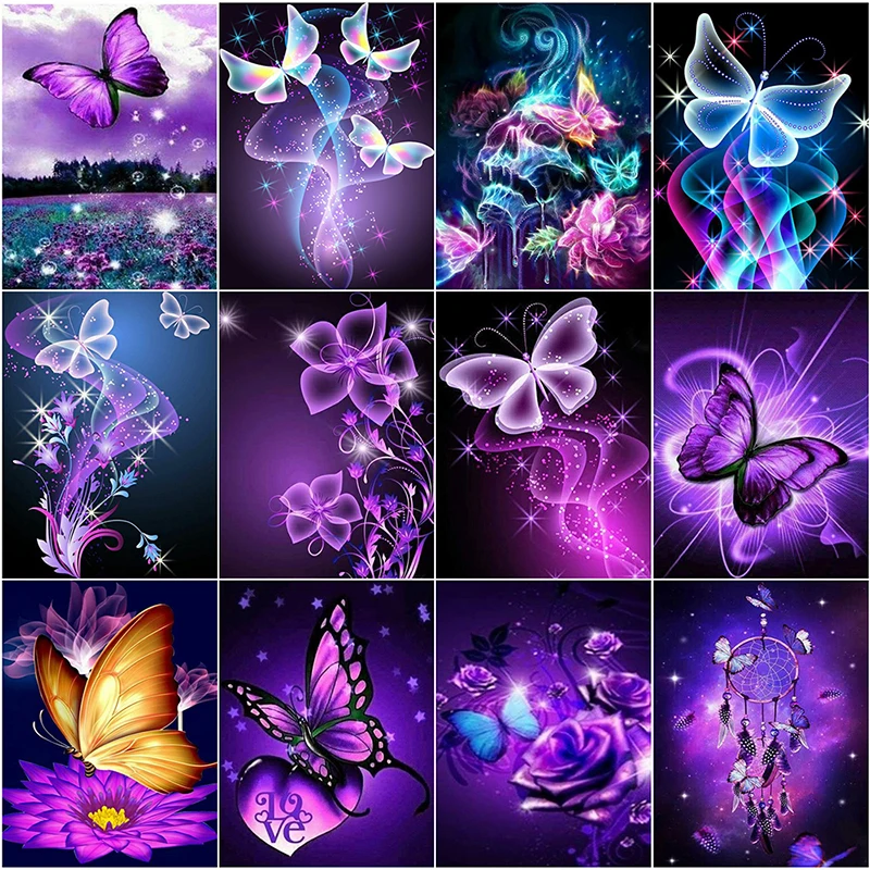 

Diy 5d Full Diamond Painting Cross Stitch Kit Sticker Embroidery Purple Flying Butterfly Mosaic Furniture Decoration Handmade