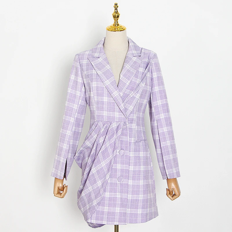 

TWOTWINSTYLE Elegant Plaid Suit Dress For Women Notched Collar Long Sleeve High Waist Mini Dresses Female Summer Fashion New