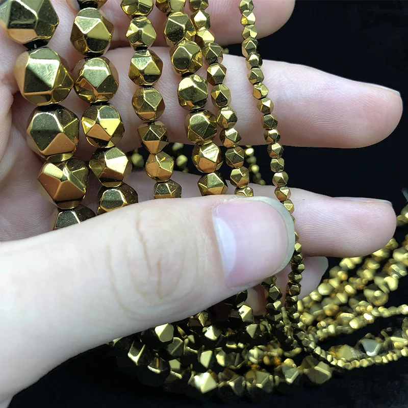 

Gold Faceted Round Hematite Beads Plating Natural Stone Spacer Loose bead for Jewelry Making DIY Bracelet Necklace Findings 15''