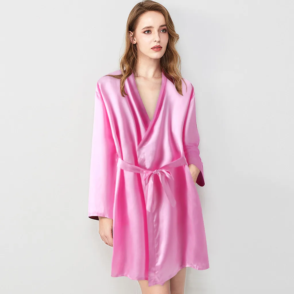 Сезон лето-осень для женщин и девочек шелк атласное кимоно Наряд однотонные