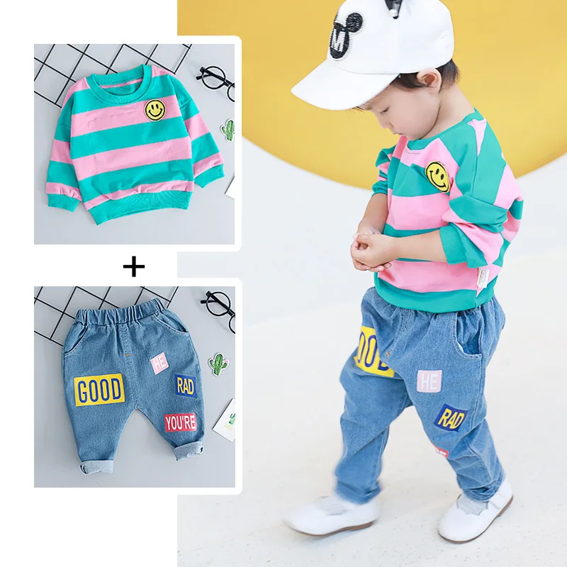 Baby boy's clothes baby girl's spring and autumn two-piece suit cotton striped smiley T-shirt pants | Детская одежда и