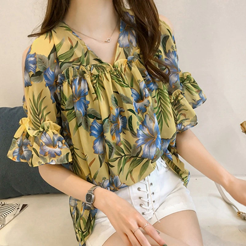 

Summer Women Shirt Printed Off-The-Shoulder V-Neck Chiffon Loose Bottoming Blouse Vintage Sweet Trumpet Sleeve Casual Tops